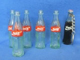 5 Mini Glass Coca-Cola Bottles – 1 Full one as Key Chain – 3” tall – Good condition