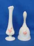 Fenton Bud Vase & Bell (No Clapper) Satin Glass with Hand Painted Pink Roses – Vase is 7 3/4” tall