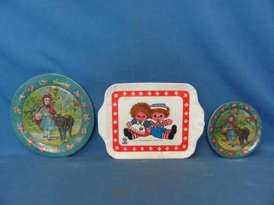 Ohio Art Red Riding Hood & Wolf Metal Plates & 1972 Chein Tray – Largest Plate 6 1/4” D