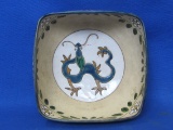 White Clay Square Pottery Bowl – Dragon inside – Frogs on outside – 5 1/2” in diameter