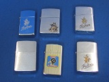 6 Zippo Lighters: 3 Josten's – 1 “Coots Unlimited” - 1 Plain – 1 w Ship Emblem