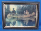 Framed Vintage Print – 2 Men fishing in a Birch bark Canoe- Wood frame is 16” x 12”