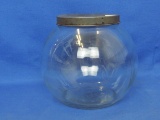 Round Glass Jar with Metal Lid – 6” tall – 6 1/2” in diameter – Chip on inner rim