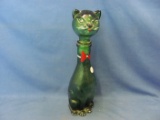 Retro Green Glass Cat Liquor Decanter – 14 3/4” T – Some Hand Painted Areas – Cannot Get Top Off