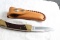 Schrade LB7 Folding Knife with Leather & Buffalo Nickle Sheath Brass Wood Hdl