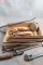 Box Lot Vintage Tools Mixed Lot Monkey Wrench, Snips, Chalk Line, Crow Bar