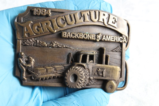 Vintage Brass Belt Buckle 1984 Agriculture Backbone of America 3D Farm Field