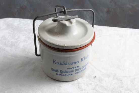 Vintage Stoneware Butter Crock Advertising Kaukauna Dairy Co. Kaukauna, Wisc.