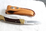 Schrade LB7 Folding Knife with Leather & Buffalo Nickle Sheath Brass Wood Hdl