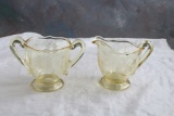 Yellow Jubilee Depressiong Glass Sugar & Creamer Lancaster Art Deco Etched
