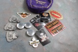 Seagrams Crown Royal Bag Full of Harley Davidson Items, Key Chains, Pins,