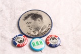 3 Vintage JFK Kennedy Pinbacks Large Flicker + 2 Small + Hubert Humphrey Pin