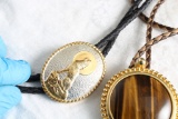 2 Vintage Bolo Ties TIGER EYE & HOWLING AT THE MOON WOLF