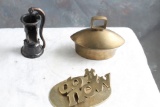 3 Vintage Brass items BELL, WATER PUMP & DO IT NOW INVOICE CLIP