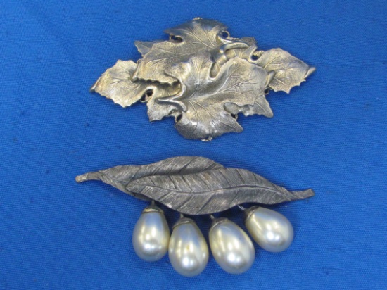 2 Vintage Leaf Pins/Brooches – Larger is 3 1/4” wide – 1 has Faux Pearls (slight wear)