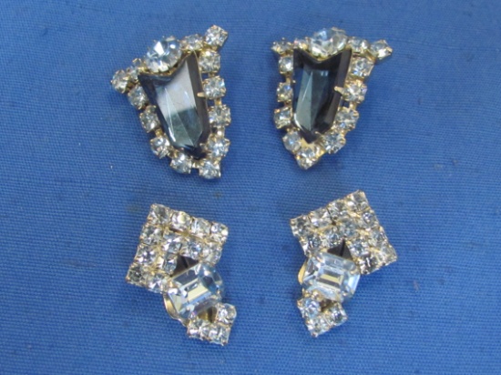 2 Pairs of Vintage Blue Rhinestone Clip-on Earrings – About 1 1/4” long – Unsigned