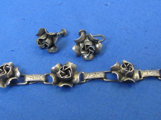 Vintage Sterling Silver Rose Bracelet & Screw-On Earrings – 17.1 grams – Bracelet is 7” long