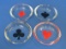 Set of 4 Glass Tip Trays or Coasters – Playing Card Symbols in Red & Black – 3 3/4” in diameter