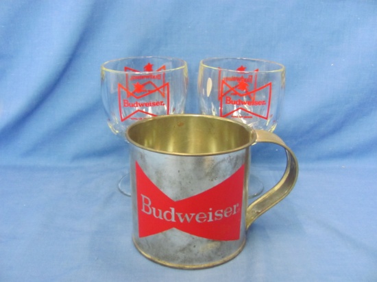 Budweiser Beer Glass Pedestal Goblets (2) & Metal Cup – Goblets 6 1/8” T