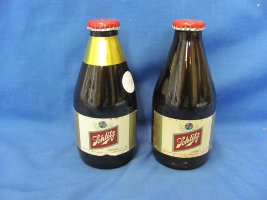 Schlitz Beer Glass Bottle Shakers (2) – 5 3/8” T – Some Paper Damage – As Shown