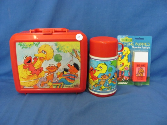 Sesame Street Plastic Lunch Box With Thermos & Big Bird Flashlight (Sealed)