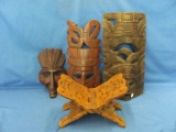 Hard Carved Wood Tiki Masks (3) & Wood Folding Stand – Largest Mask 15 3/8” T
