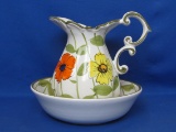Colorful Pitcher & Basin Set – Yellow & Orange Flowers – Made in Italy – Pitcher is 8 3/4” tall