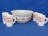 Hazel-Atlas Tom & Jerry Bowl with 6 Mugs made by McKee – Bowl is 8 3/4” in diameter