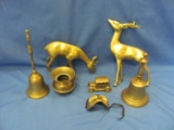 Brass Items – Deer – Bells – Car – Spittoon – Mask – Tallest Piece 8 1/4” - As Shown