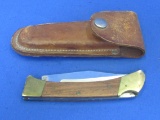 Folding Knife w Wood & Brass Handle – Leather Sheath – Made in Pakistan – 8 1/2” long open