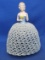 Porcelain Half Doll Pin Cushion – Blue Dress & Crocheted Skirt – 7” tall – Newer cushion & skirt