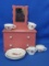 Pink Painted Wood Doll Dresser & Partial Ceramic Child's Tea Set with Pink Roses