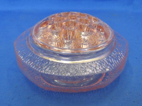 Pink Depression Glass Bowl & Flower Frog – Textured Surface – Bowl is 6 1/4” in diameter