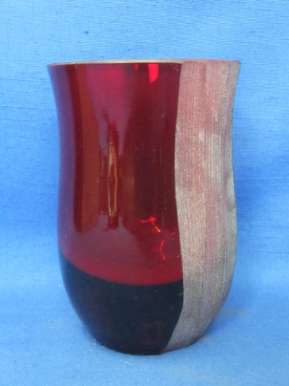 Heavy Ruby Red Glass Vase by Villeroy & Boch – Smooth & Etched Sides – 4 1/2” tall – Signed