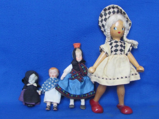 4 Vintage Dolls: Wood 1 is 7” tall – Frozen Charlotte Amish Girl – 1 made of fabric