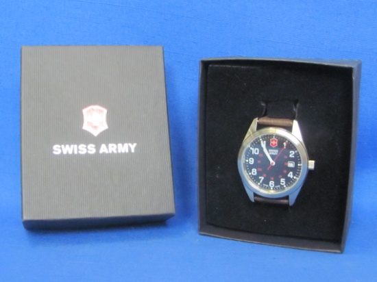Swiss Army Wristwatch – Black Dial – Brown Leather Strap – In Box – Not currently running