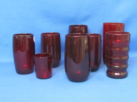 Mixed Lot of 8 Ruby Red Glasses – Most by Anchor Hocking – Size varies from 2 1/4” to 5 1/2”
