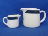 2 Creamers by Arabia of Finland – White with Cobalt Blue Band – 2 3/4” & 1 3/4” tall