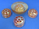 4 Marigold Carnival Glass Flower Frogs & 1 Small Bowl – All the Frogs have some Chips