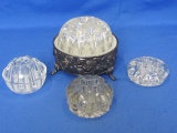 4 Clear Glass Flower Frogs – 1 in Silverplate Footed Bowl – Largest is 4 1/4” in diameter