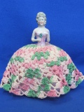 Porcelain Half Doll Pin Cushion w Crocheted Skirt – 6” tall – Looks like it is marked Germany