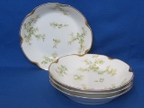Set of 4 Vintage Haviland Limoges Porcelain Bowls – Delicate Pink Flowers & Green Leaves – Gold Trim