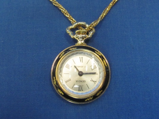 Attractive Pendant Watch on Goldtone Chain – 17 Jewels – Working – By E. Gluck Trading Co
