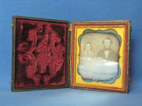 Antique Daguerreotype Photo of Man & Wife – Brown Case is 3 1/8” x 3 5/8”