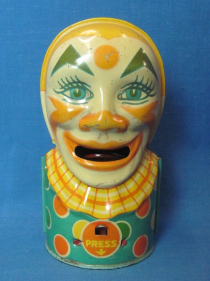 Vintage Tin Litho Mechanical Clown Bank by Chein – Works – 5” tall – Has key but