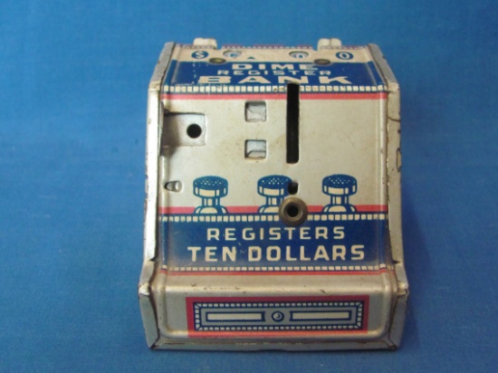 Chein Tin Dime Register Bank – Made in USA – 2” tall – Good vintage condition