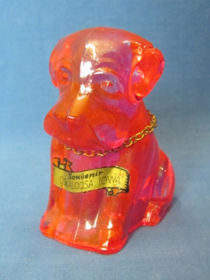 Circa 1955 Glass Candy Container – Souvenir of Oskaloosa, Iowa – Pink Flash – 2 3/4” tall