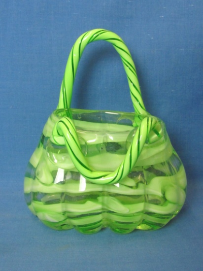 Art Glass Purse Basket – Green Candy Cane Effect – 7 1/4” tall – 6 1/4” wide