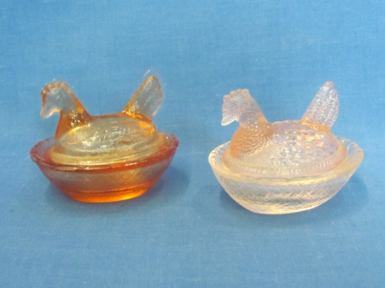 2 Miniature Glass Hen on Nest Dishes – Pink & Peach – 2 1/2” long – No chips