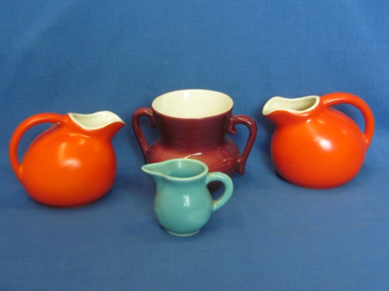 Retro Pottery Pieces: 2 Orange Creamers – Individual Turquoise Creamer – Maroon Sugar